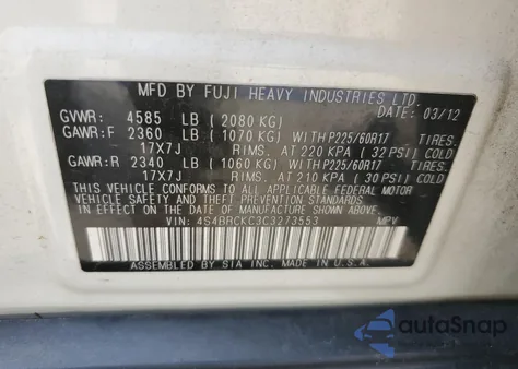 2012 Subaru Outback 2.5I Limited z USA, uszkodzony, nr VIN 4S4BRCKC3C3273553